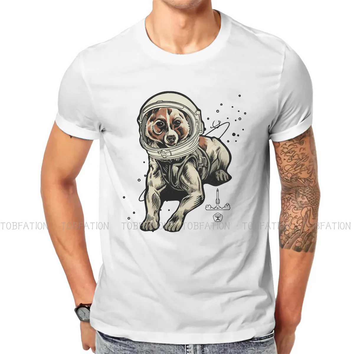 

Dogs Essential Round Collar TShirt Laika Flying To The Sky Fabric Original T Shirt Men Tops Individuality Oversized