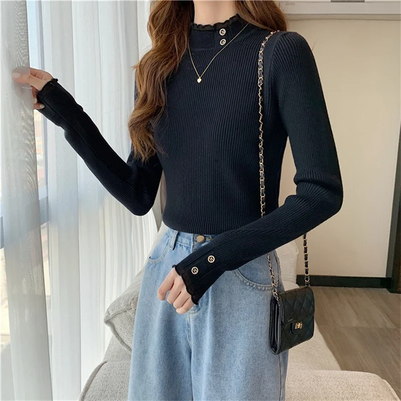

Pullover Sweater Lace Stitching Knit Woman Sweaters Slim Long Sleeve Women Tops