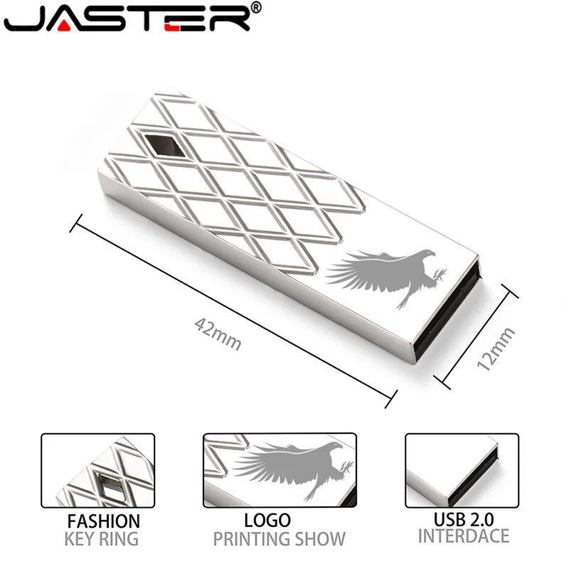 

JASTER Diamond Pattern Metal Silver USB 2.0 Flash Drive 4GB 8GB 16GB 32GB 64GB Real Capacity Pen Drives Custom LOGO Memory Stick