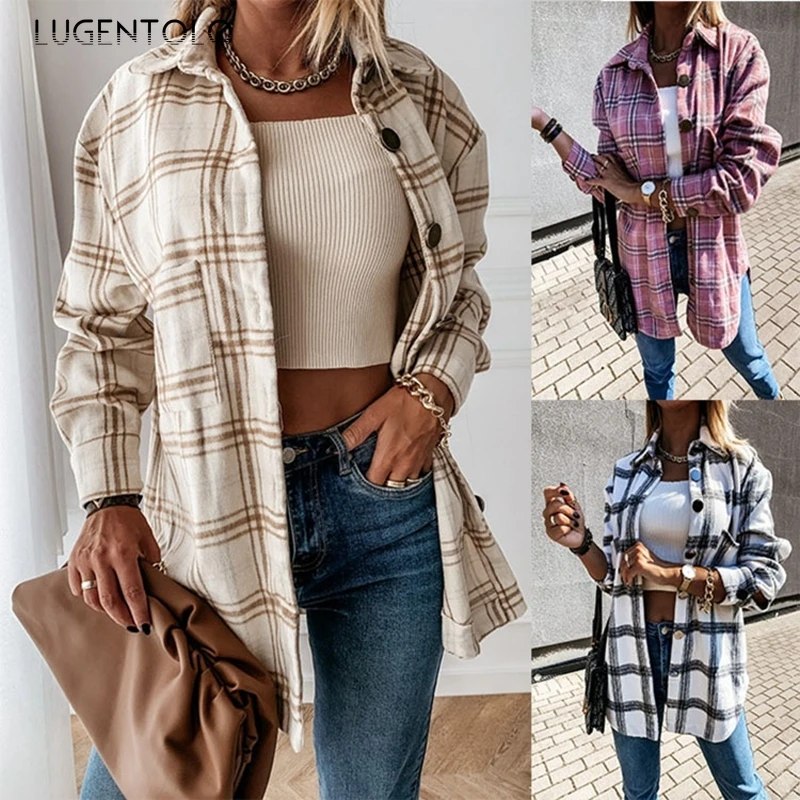 

Lugentolo женская рубашка осень-зима свободные топы в стиле кэжуал, в клетку, с длинным рукавом, блузка с отложным воротником однобортное пальто ...
