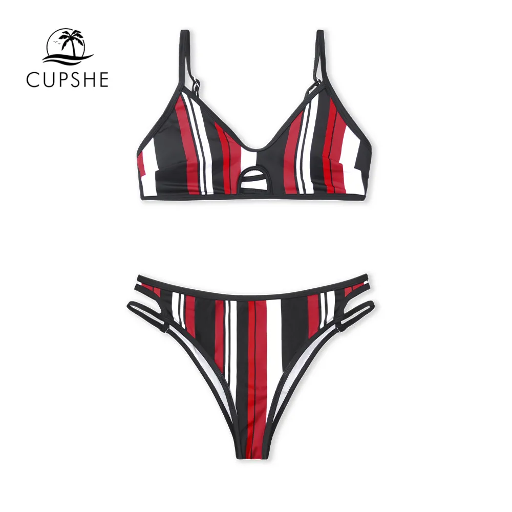CUPSHE красный черный белый в полоску с низкой талией комплекты бикини купальник