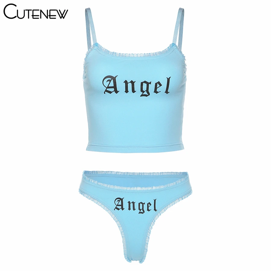 

Cutenew Sexy Cotton Letter Print Camisole Crop Top Two Piece Set Women Lace Beach Style Summer Vacation Female Outfit Streetwear