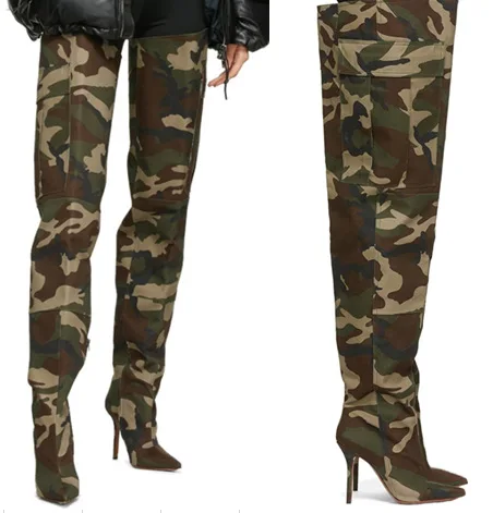 

2021 green camouflage fashion personalized pointed high boots