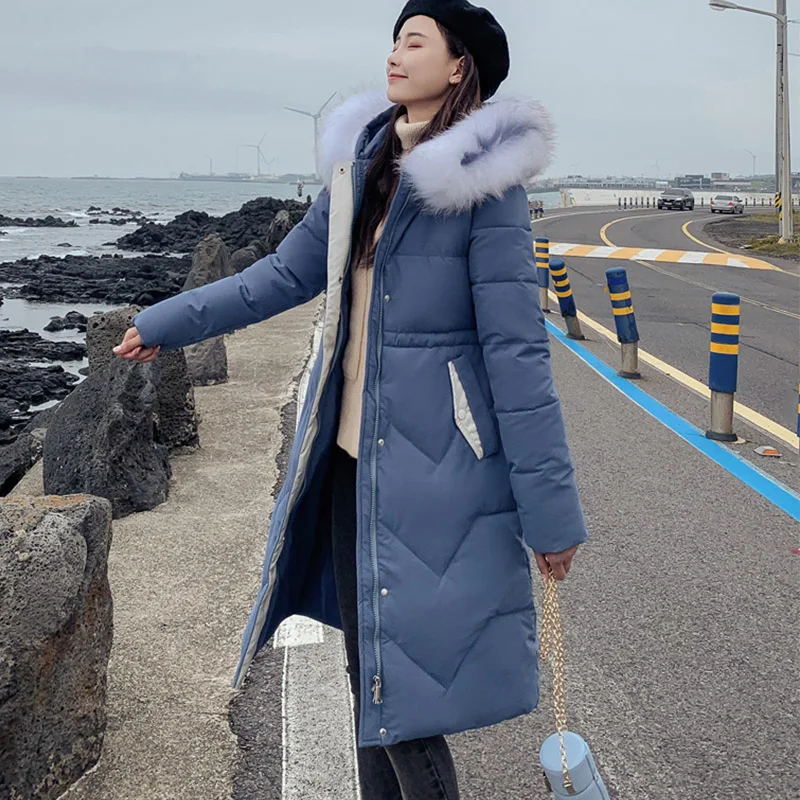 

2019 New Korean version Winter Women Down cotton Jacket Fashion Loose fur collar Long coat Female Warm Thick Hooded Coat cc740
