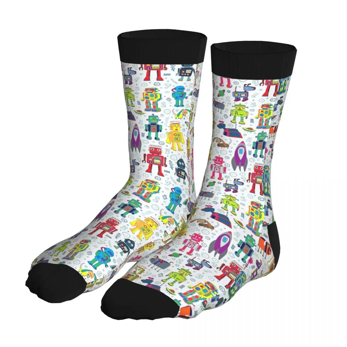 

Robots In Space Fun Pattern Thick Contrast Color Socks For Men 90% Polyester Casual Middle Tube Socks Sci Fiction Christmas Gift