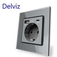 delviz type c 16a power socket wall embedded eu standard socket 5v 2100ma with usb ports tempered crystal glass panel outlet