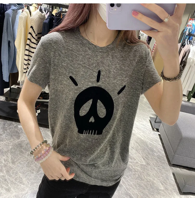 

Women T-shirt O-neck Skulls Printed Short Sleeve Female Tops 2021 Summer New
