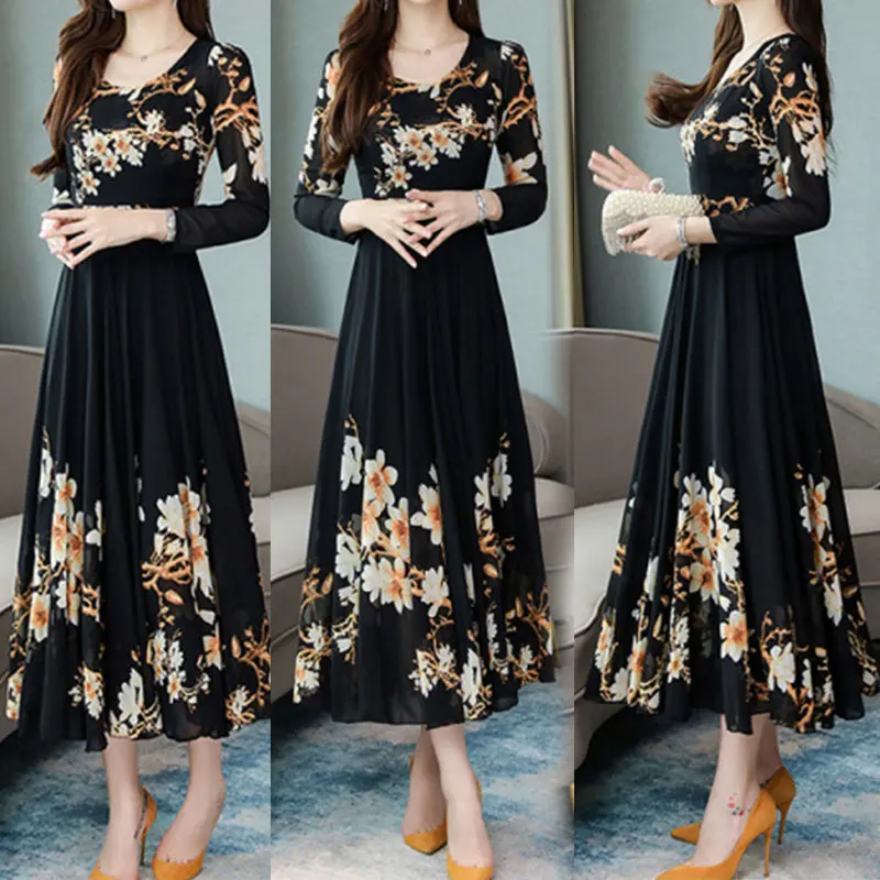 

1pcs Long Sleeve Polyester Maxi Dress Women Elegant Outdoor Holiday Party Dress Fashion Evening Crew Neck Long Sleeve Dress
