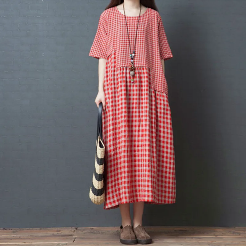 

Summer Sleepwear Retro Loose Home Clothes Large Size Women's Nightgowns Fat MM Fashion Comfortable Cotton Linen Plaid Dress