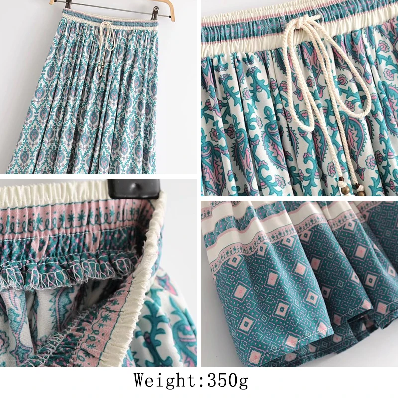 

Luck A 2020 new spring women print skirts fashion vintage lace up mid calf skirts casual empire elasticated skirts