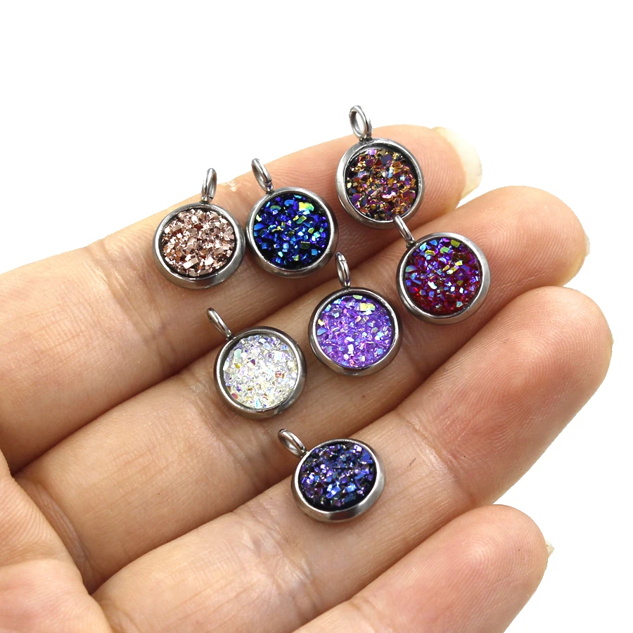 

Fnixtar 8mm Stainless Steel Faux Druzy Resin Charm Pendant DIY Small Glitter Charm For Handmade Jewelry Making 50pcs/lot