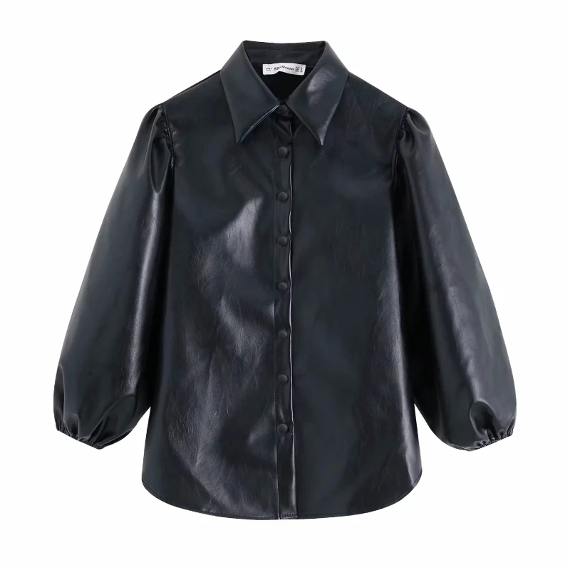 Женское платье фонарик с рукавами фонариками из PU искусственной кожи для отдыха