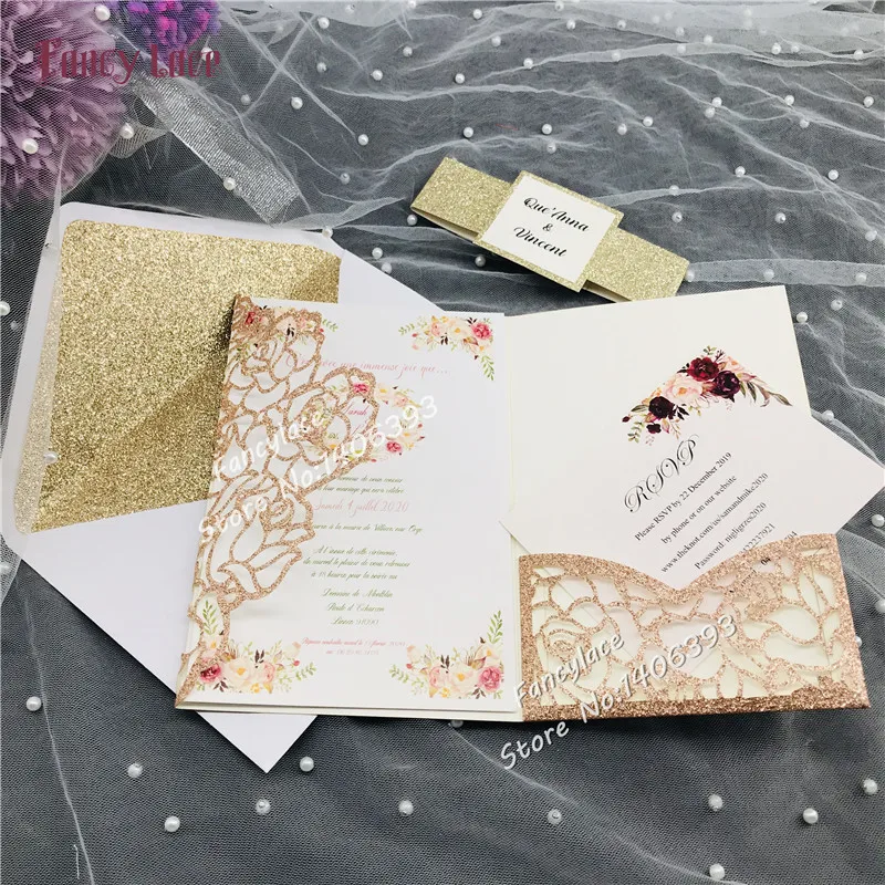 50 шт. новый набор свадебных приглашений с блестками в виде Розы конверты складные
