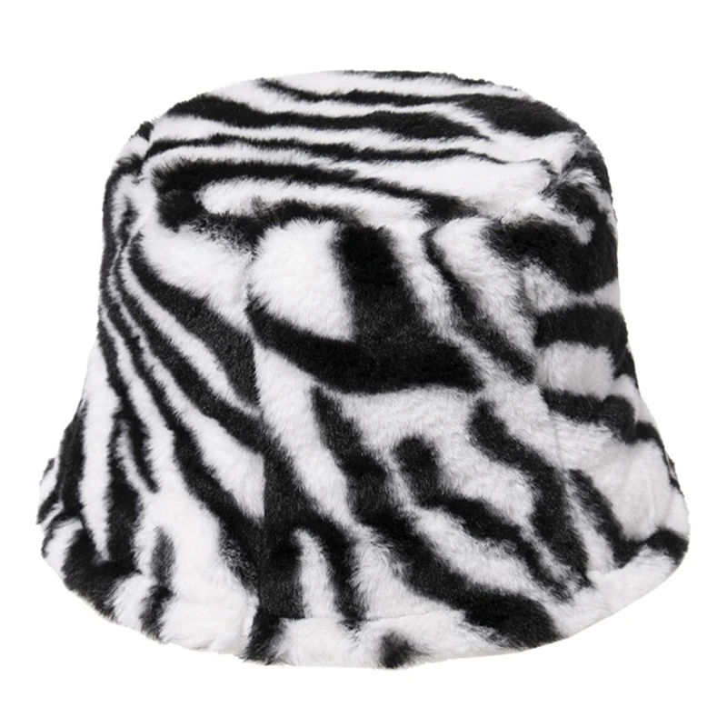 

Women Vintage Zebra Striped Fuzzy Plush Dome Bucket Hat Winter Thicken Warm Sunscreen Flat Top Panama Fisherman Cap