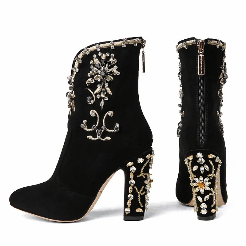 

EPHER Gold Embroidery Floral Boots Rhinestone Block Heel Boots Pointed Toe Black Suede Boots with Embellishments