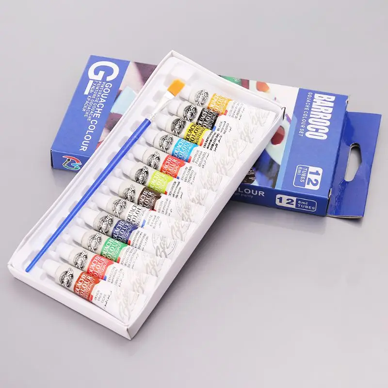 

2021 New 12 Colors Gouache Paint Tubes Set 6ml Draw Painting Pigment Painting With Brush Art Supplies