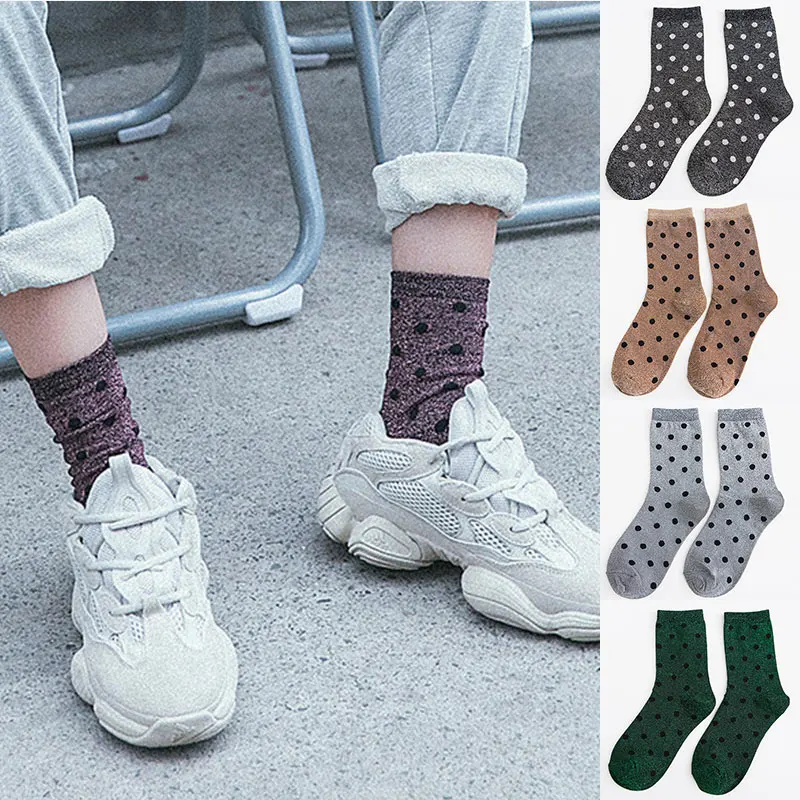 1 пара блестящие хлопковые носки в горошек средней длины для девочек Осенние