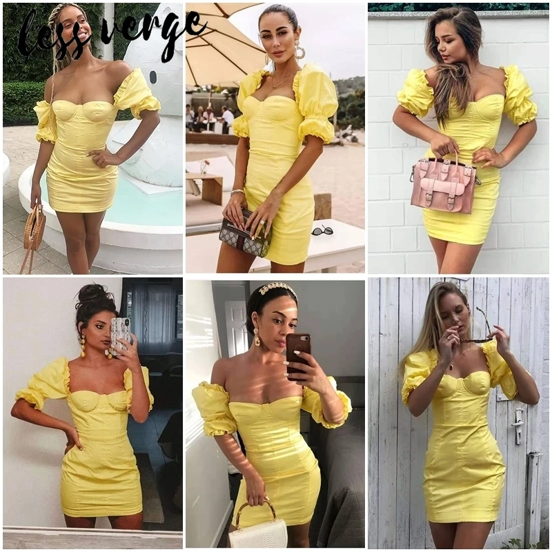 Lessverge с открытыми плечами оборками желтое облегающее платье женское пышными