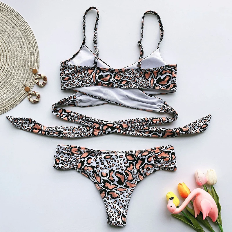

Leopard Bikini Mujer 2021 Bikinis Cross Bowknot Bandage Swimsuit Women Straps Sexy Thong Swimwear Womens Bathing Suit For Female