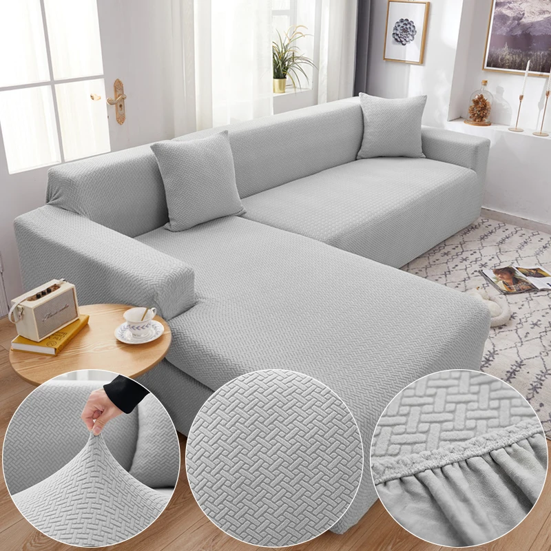 

Polar Fleece Fabric Light Gray Sofa Cover For Living Room Solid Color All-inclusive Modern Elastic Corner Couch Slipcover 45011