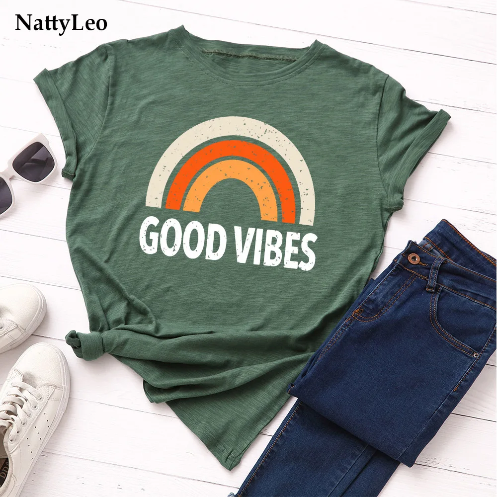 

S-5XL Plus Size 100%Cotton T-shirt New Good Vibes Print Tshirt Women O Neck Short Sleeve Tees Summer Women Shirts Lovely T Shirt