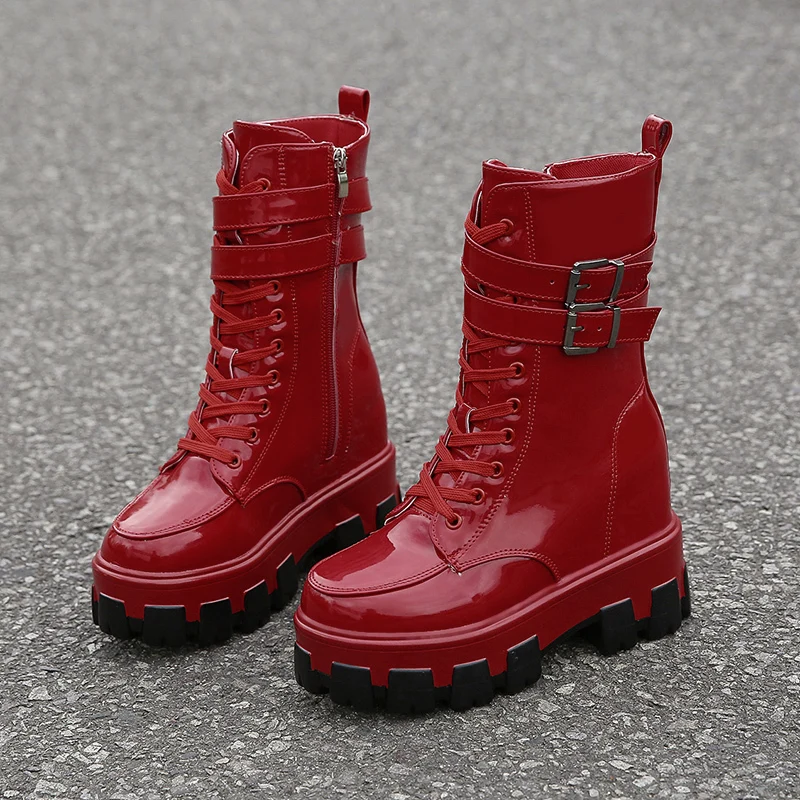 Женские ботинки из лакированной кожи на платформе 10 см|Сапоги до середины голени|