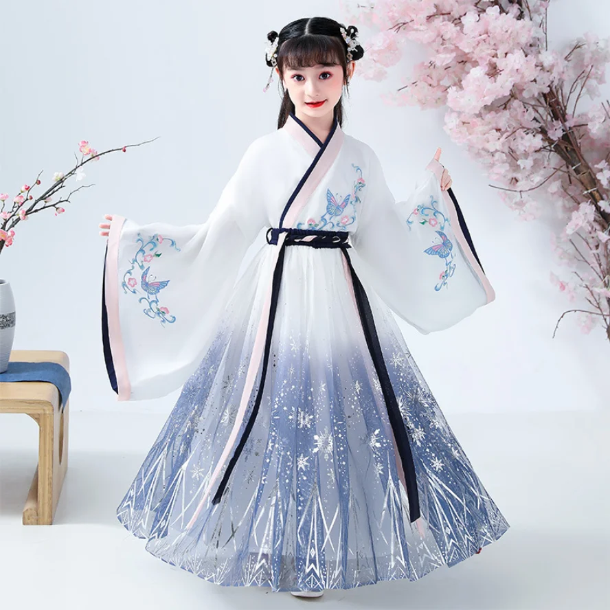 

Традиционные китайские костюмы Hanfu для девочек, старинный ретро костюм Тан, новый год, Ципао для танцев кимоно, одежда для малышей