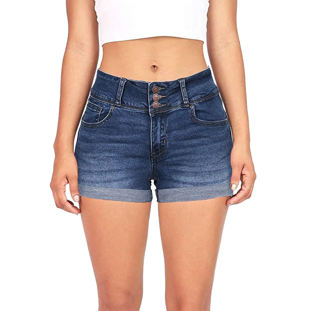 

Summer High Waist Denim Shorts Women Casual Loose Ladies Fashion Roll Up Hem Elastic Waist Pocket Blue White Jeans Female #LR4