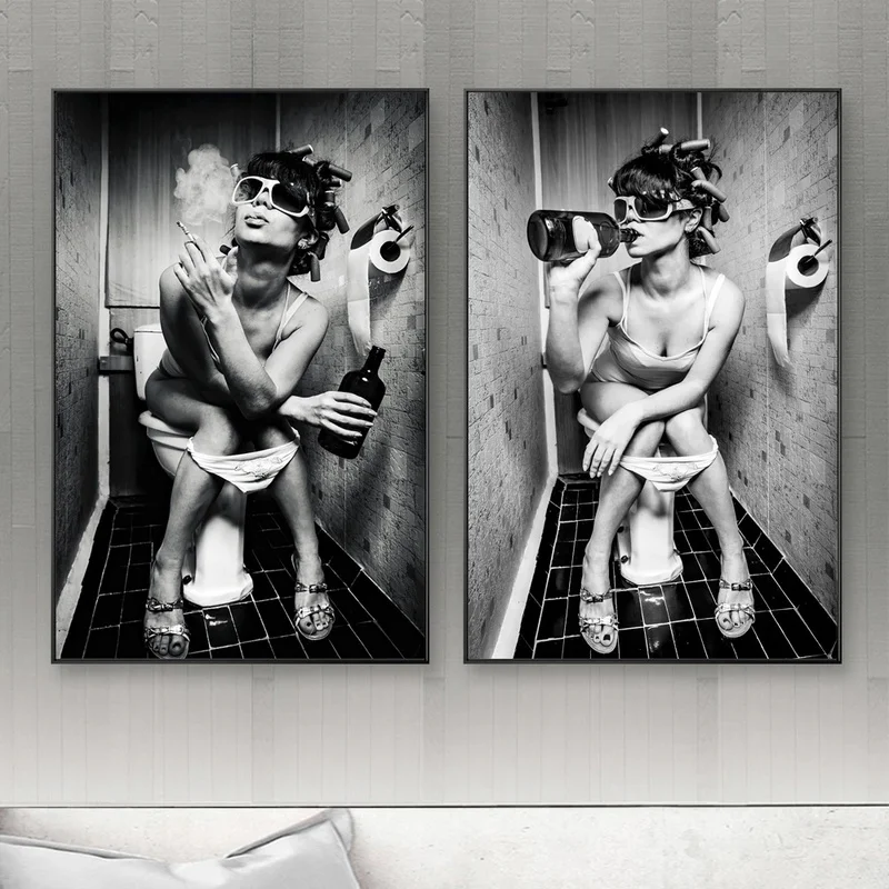 

Sexy Drinking Girl Sits On Closestool Canvas Art Posters And Prints Smoking Woman Canvas Painting On Toilet Wall Art Picture