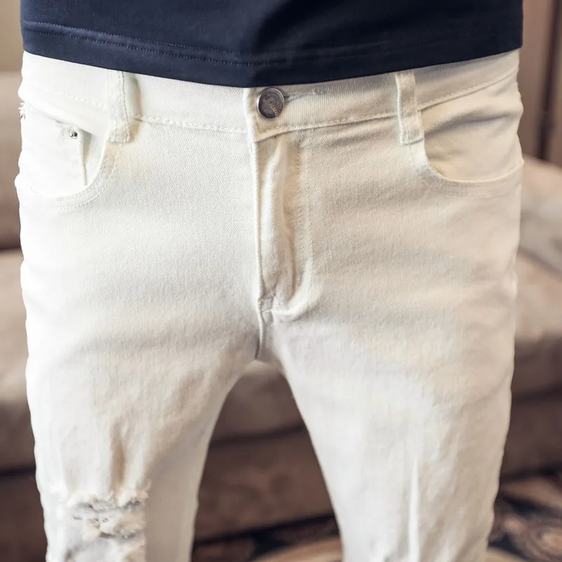 

Fashion 2021 summer spring Casual Denim men skinny jeans ripped hole stretch slim white men white Ankle length jeans pantalones