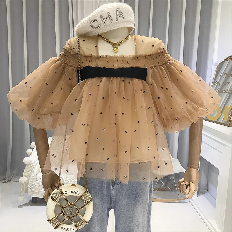 

Elegant Dot Mesh Women Shirt Square Collae Puff Three Quarter Sleeve Loose Ruffle Patchwork Hit Color Blouse Female