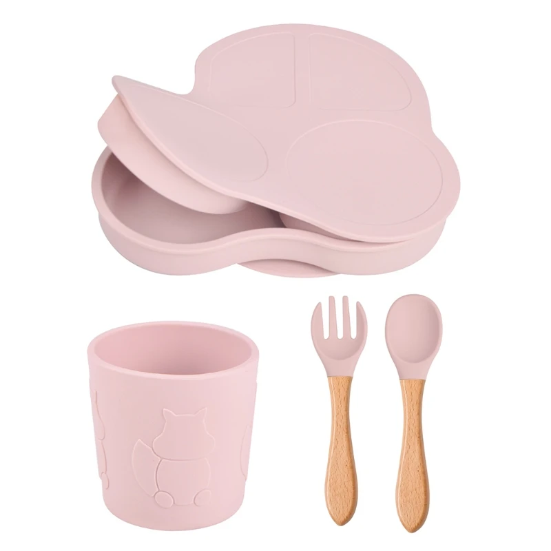 

F1CB Toddler Baby Food Grade Silicone Tableware Set Car Shape Self Feeding Divided Suction Plate Dish with Lid Spoon Fork Cup