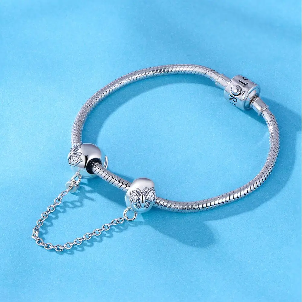 

Safety Beads Chain Silver Charms Spring Butterflies 925 Sterling Silver Pendant Bracelet Classic Fine Jewelry