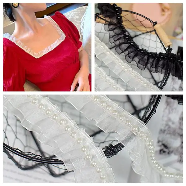 10 ярдов белые черные бусины из органзы кружевная лента оборки отделка аппликация