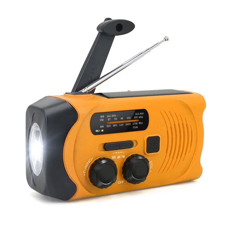 Orange Global Weather Radio Receiver AM WB FM Radio Flashlight Hand Crank Solar Solar Panel Rechargeable 2000mAh Power Bank - Цвет: Orange