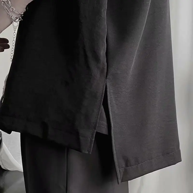 

Men Shirts Summer Three Quarter Sleeve Black Side-slit Breathable Korean Trendy Tops All-match Harajuku Loose Street-wear Chic