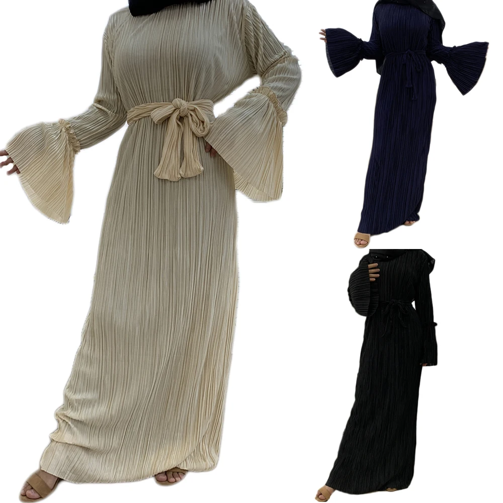 Платье женское длинное Плиссированное с рукавами-фонариками и поясом