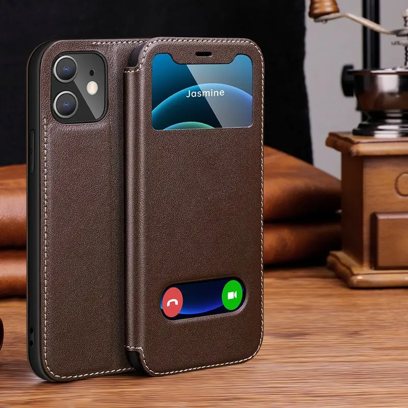 

New Phone Case For iPhone 12 Mini Case Genuine Leather Flip Cover For iPhone 12 Pro Max Case Window View Flip Stand Coque Funda