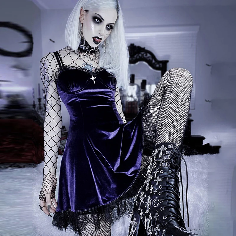 

Goth Style lace Sexy Purple Dress Vintage Velvet A Line Lolita Dress Aesthetic Slim High Waist Ladies Club Party Dresses