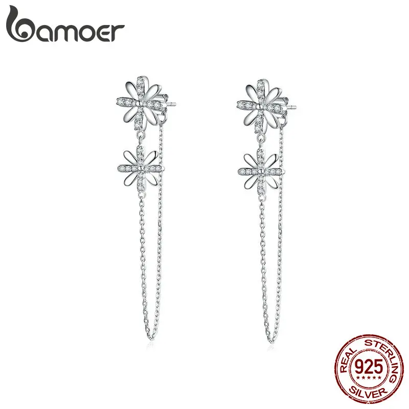 BAMOER серьги-капли с ромашками для девочек, Стерлинговое Серебро, 925 кристалл, цветок, подвеска на цепочке, женские серьги, режим, Brincos BSE089