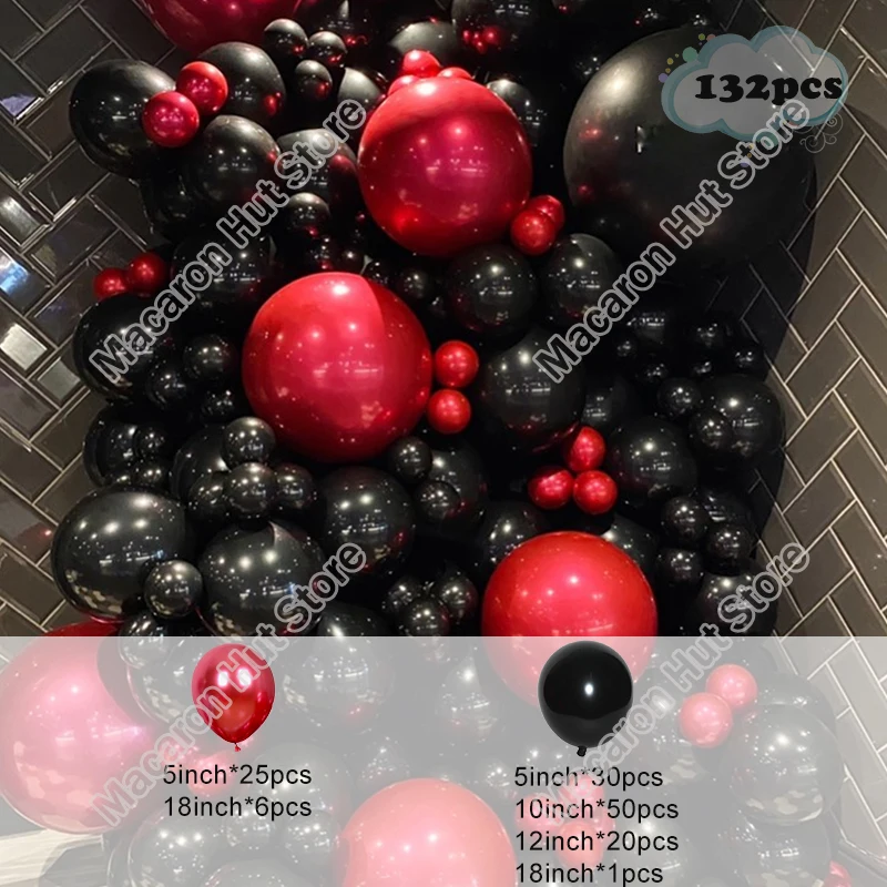 

132pcs Chrome Red Wedding Birthday Party Backdrop Arch Baby Shower DIY Decoration Celebration Dinner Black Balloon Garland Kits