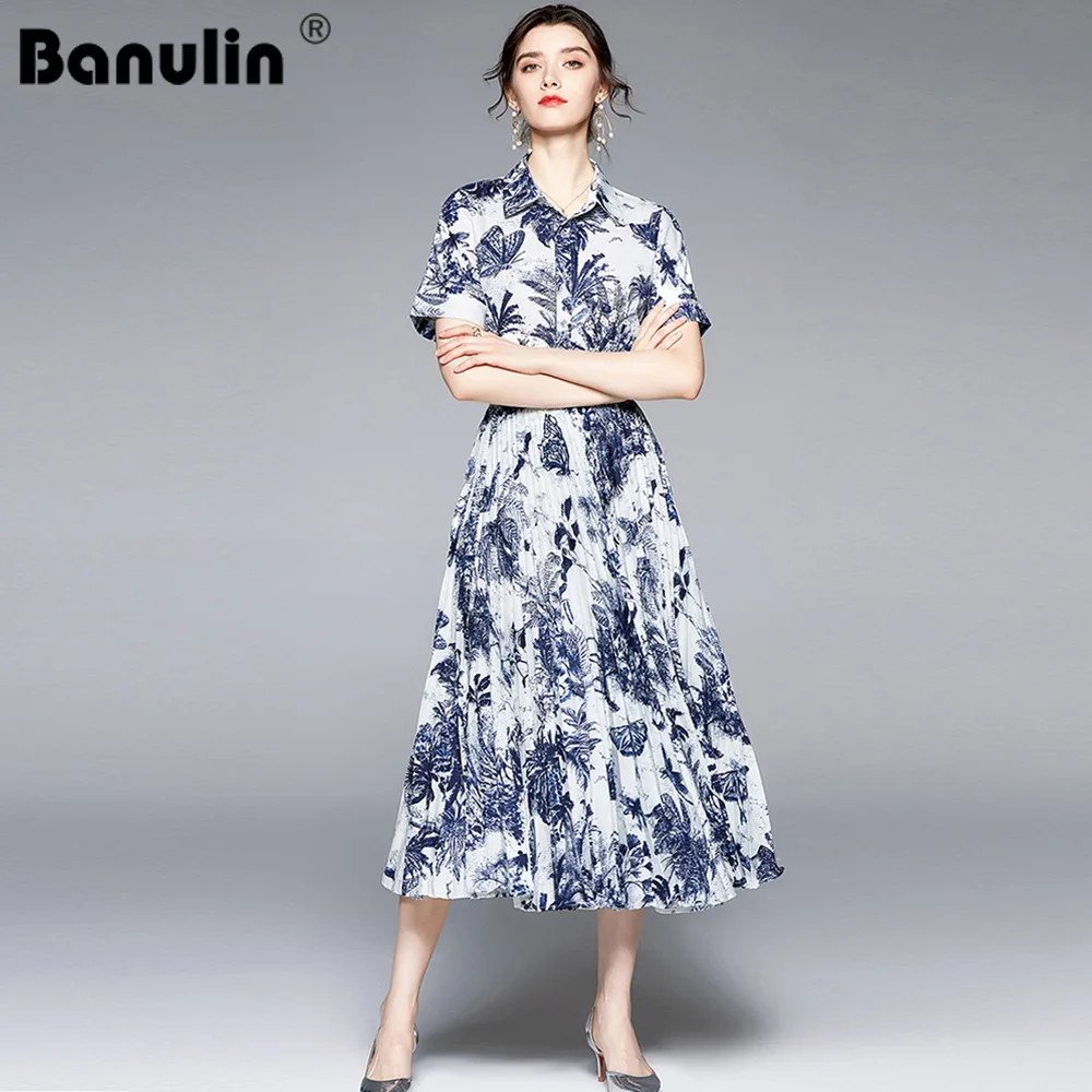 

Banulin Runway Summer Two Piece Skirt Set Women's Vintage Print Short Sleeve Shirts and Pleated Long Skirts 2 Pieces Suit N66843