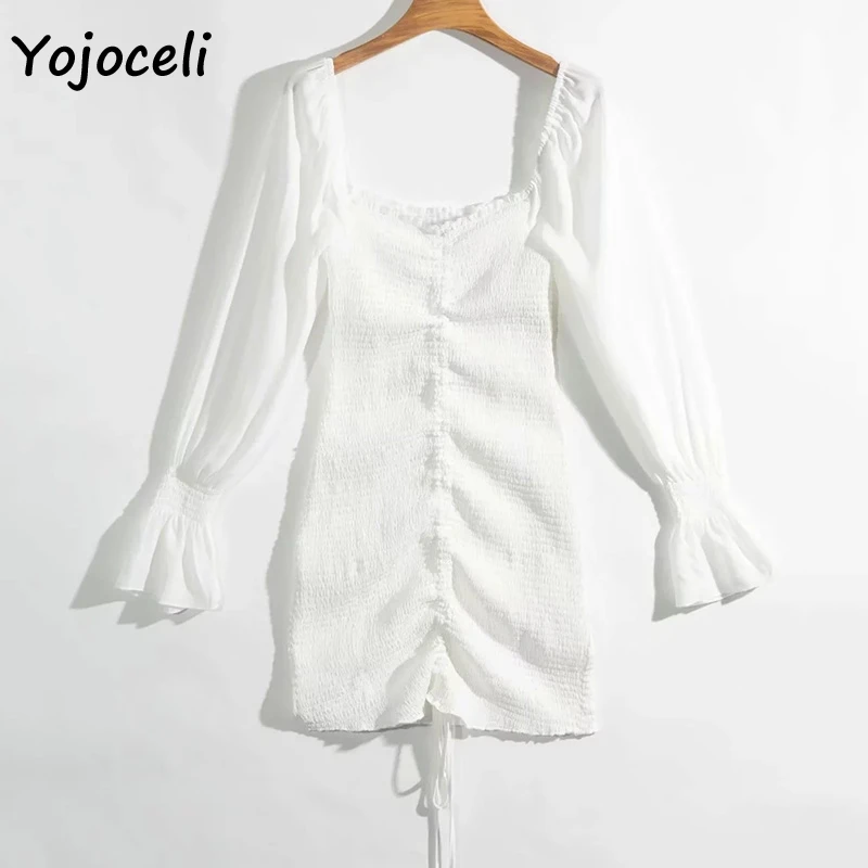 Yojoceli, сексуальное платье с цветочным принтом, гофрированное, женское, квадратный вырез, длинный рукав, тонкое, мини платье, шифоновое платье