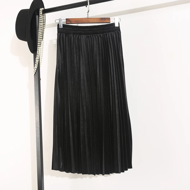 

High Waist Pleated Skirts Women Long A Line Female Autumn Winter New Gold Velvet Skirt Thin Large Size Big Hem Black Long Skirt