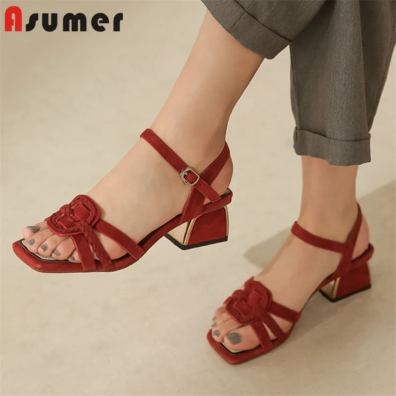 

ASUMER 2020 newest top quality suede leather women sandals solid colors buckle summer casual shoes square heel ladies sandals