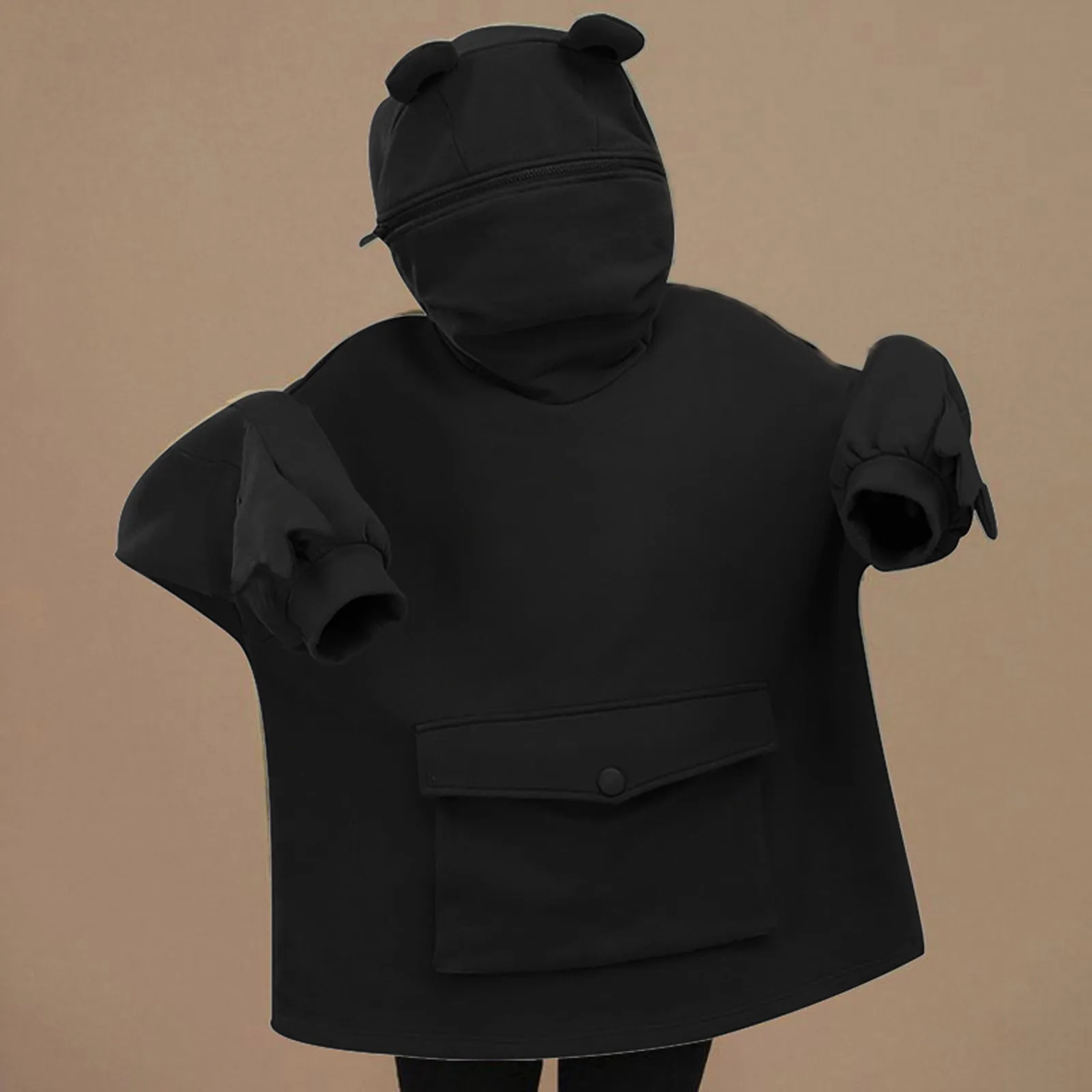 Women Frog Hoodies Oversized Kawaii Solid Color Stitching Casual Harajuku Pullover Sweatshirt Autumn Winter Hooded Lady Clothing