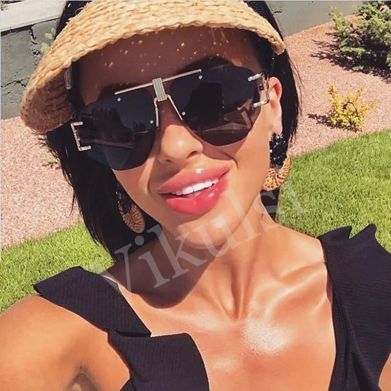 Женские солнцезащитные очки без оправы черные оверсайз с двойной перемычкой и