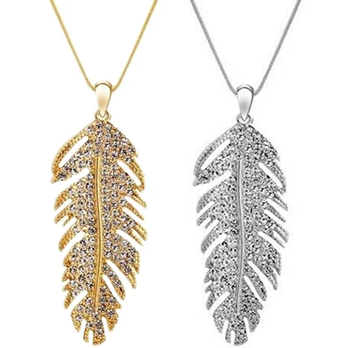Women's Fashion Bohemian Alloy Rhinestone Feather Pendant Link Chain Vintage Gold Silver Long Necklace Jewelry | Украшения и