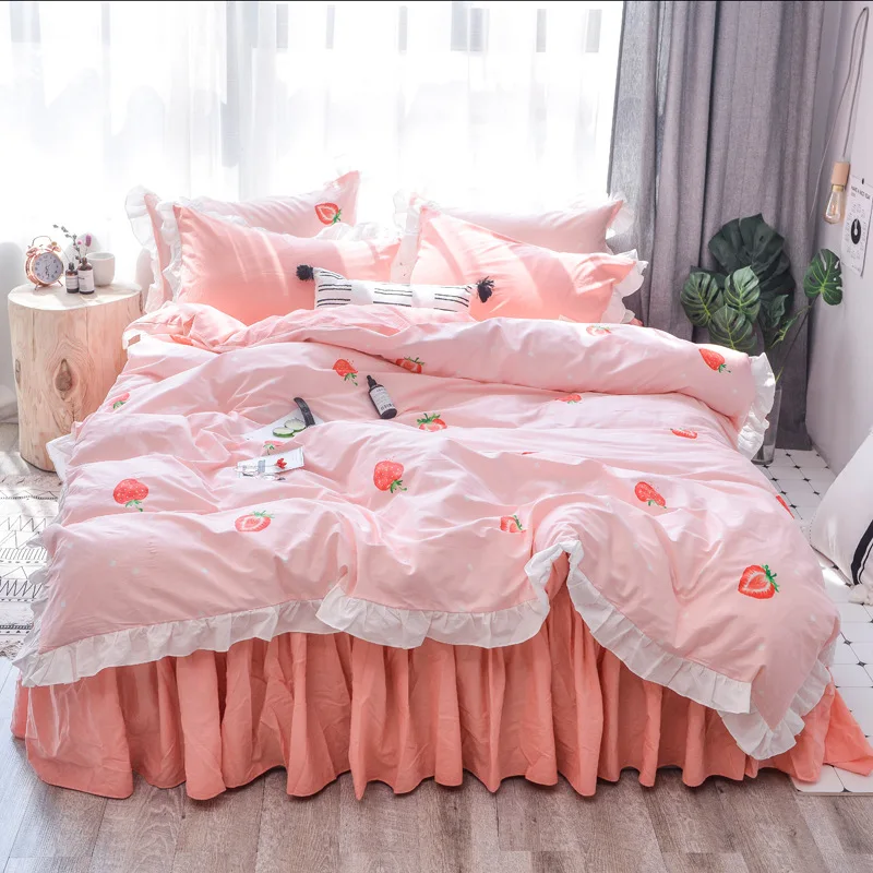 

Korean Style Ruffles bedding set 100% washed cotton bed set summer heart duvet cover set Stripe bed linen strawberry grey white