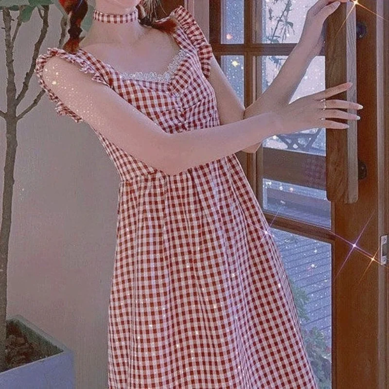 

Summer Kawaii Plaid Dress Women Elegant Sweet Lace Up France Vintage High Waist Midi Dress Female Chic Casual Holiday Dress 2021